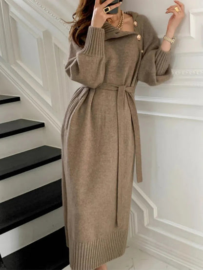 Freesia | Button Detail Belted Knit Midi Dress