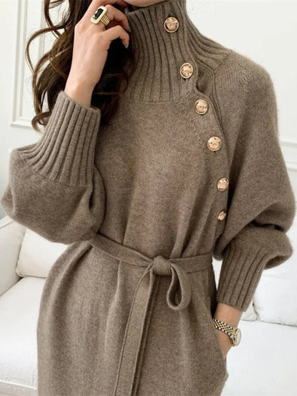 Freesia | Button Detail Belted Knit Midi Dress