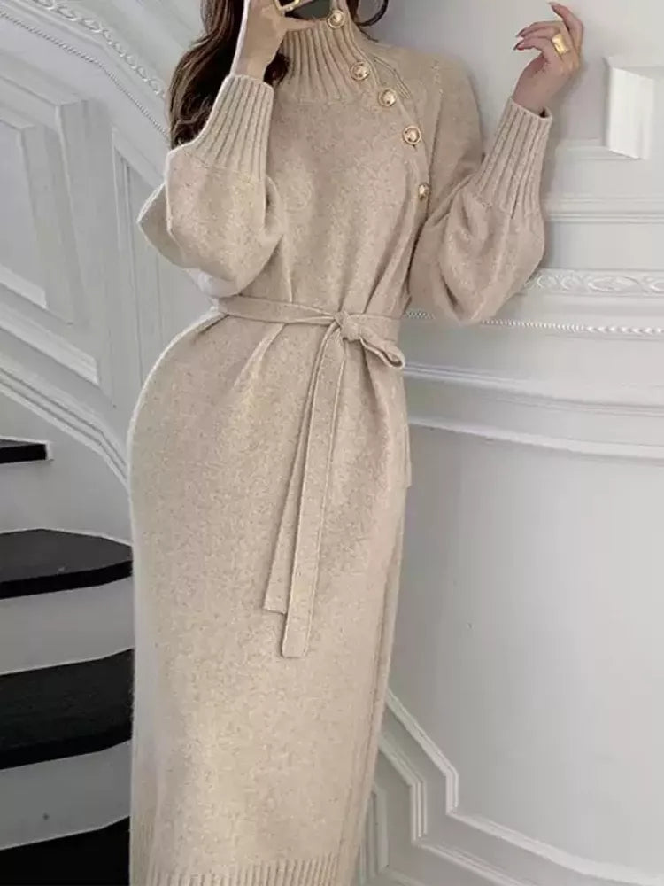 Freesia | Button Detail Belted Knit Midi Dress