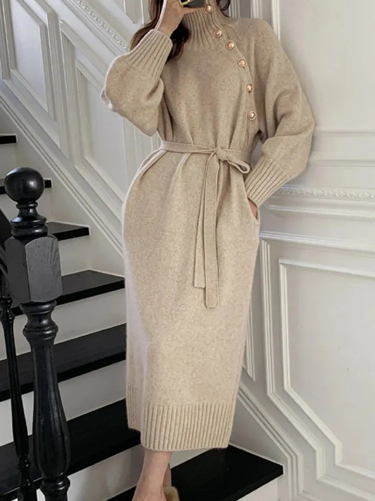 Freesia | Button Detail Belted Knit Midi Dress