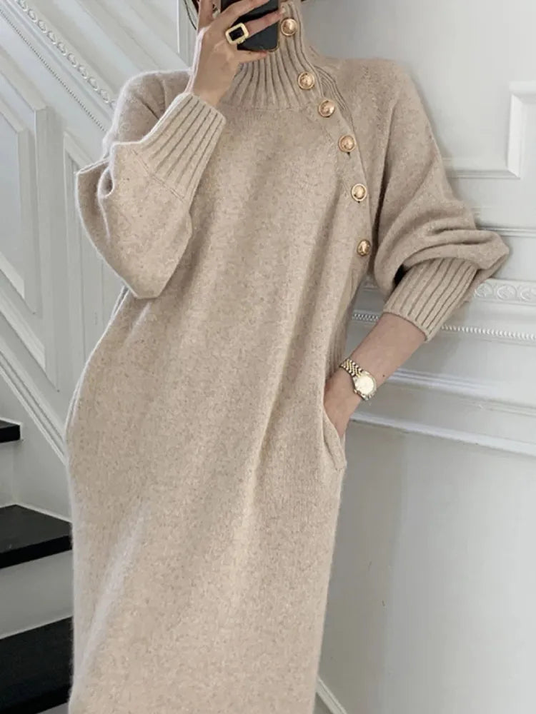 Freesia | Button Detail Belted Knit Midi Dress