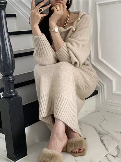 Freesia | Button Detail Belted Knit Midi Dress