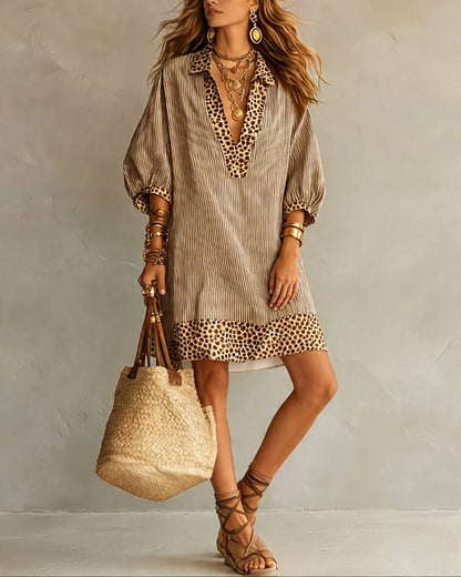 Perrine | Leopard Trim Stripe Shirt Dress