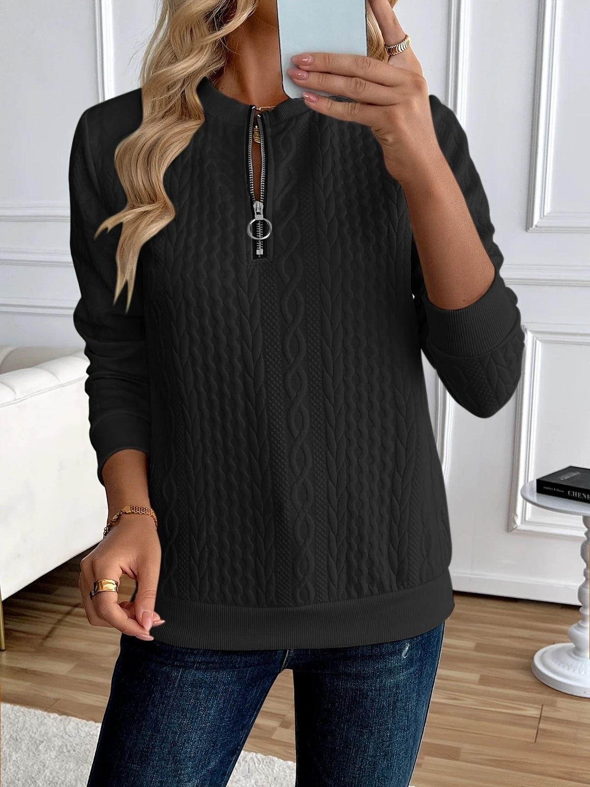 Phaeline | Cable Knit Half Zip Sweatshirt