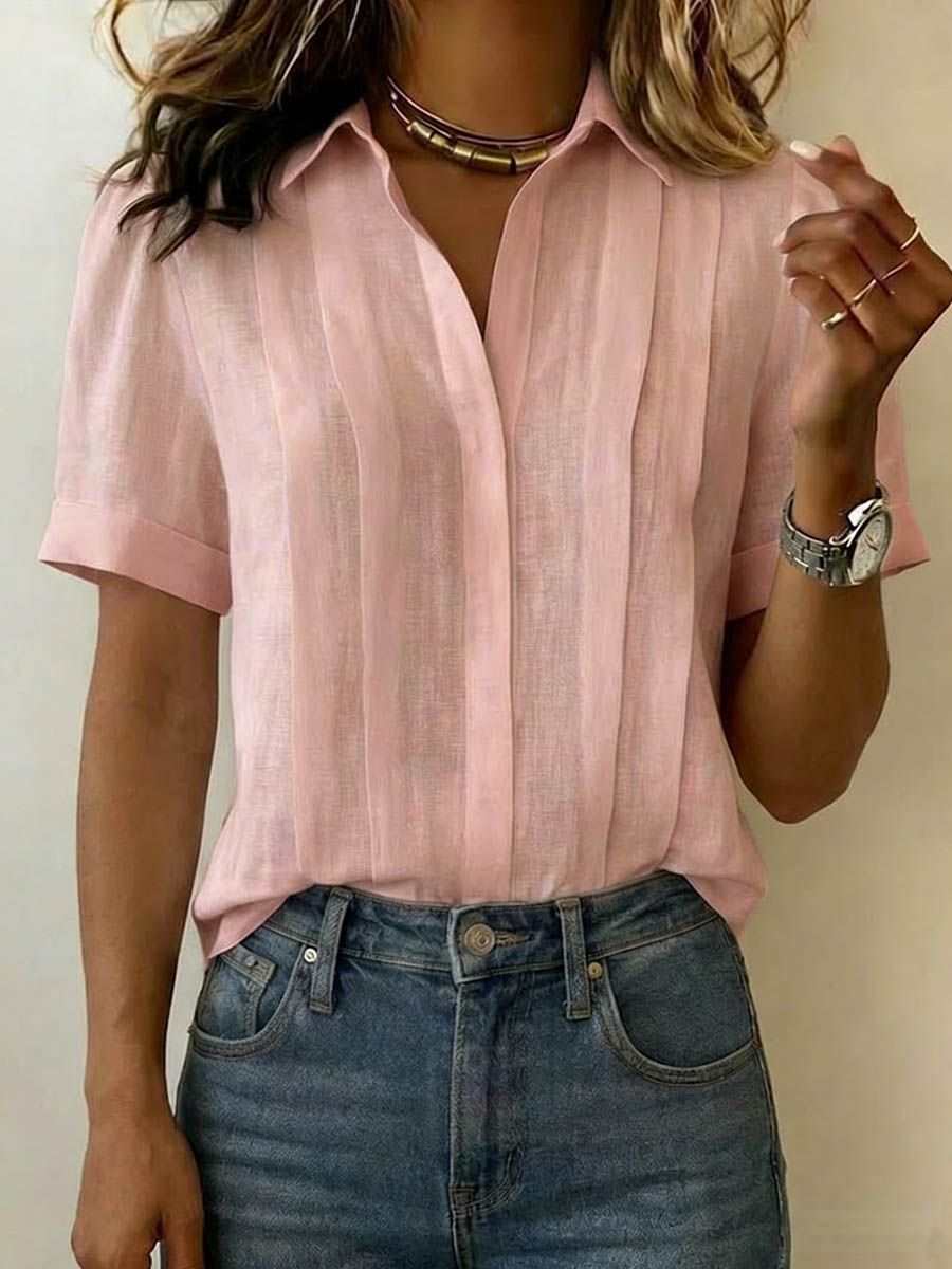 Tuvaine | Linen Pleated Front Collar Short Sleeve Casual Shirt