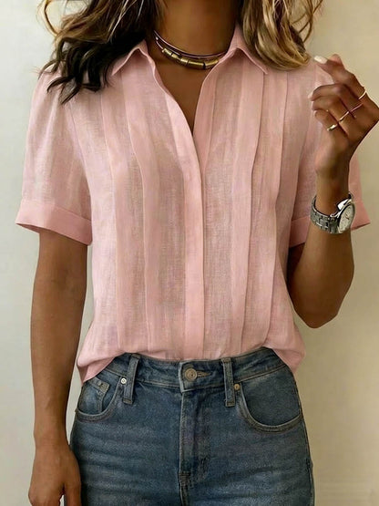 Tuvaine | Linen Pleated Front Collar Short Sleeve Casual Shirt