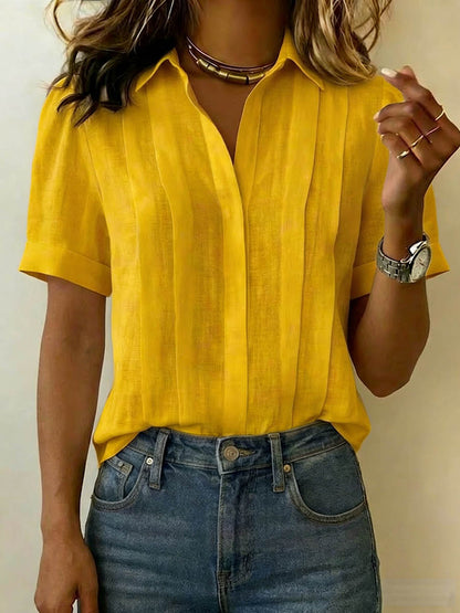 Tuvaine | Linen Pleated Front Collar Short Sleeve Casual Shirt