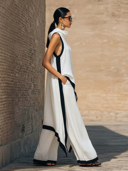 Gelvara | Contrast Trim Cowl Neck Asymmetric Linen Top & Wide Leg Trouser Set