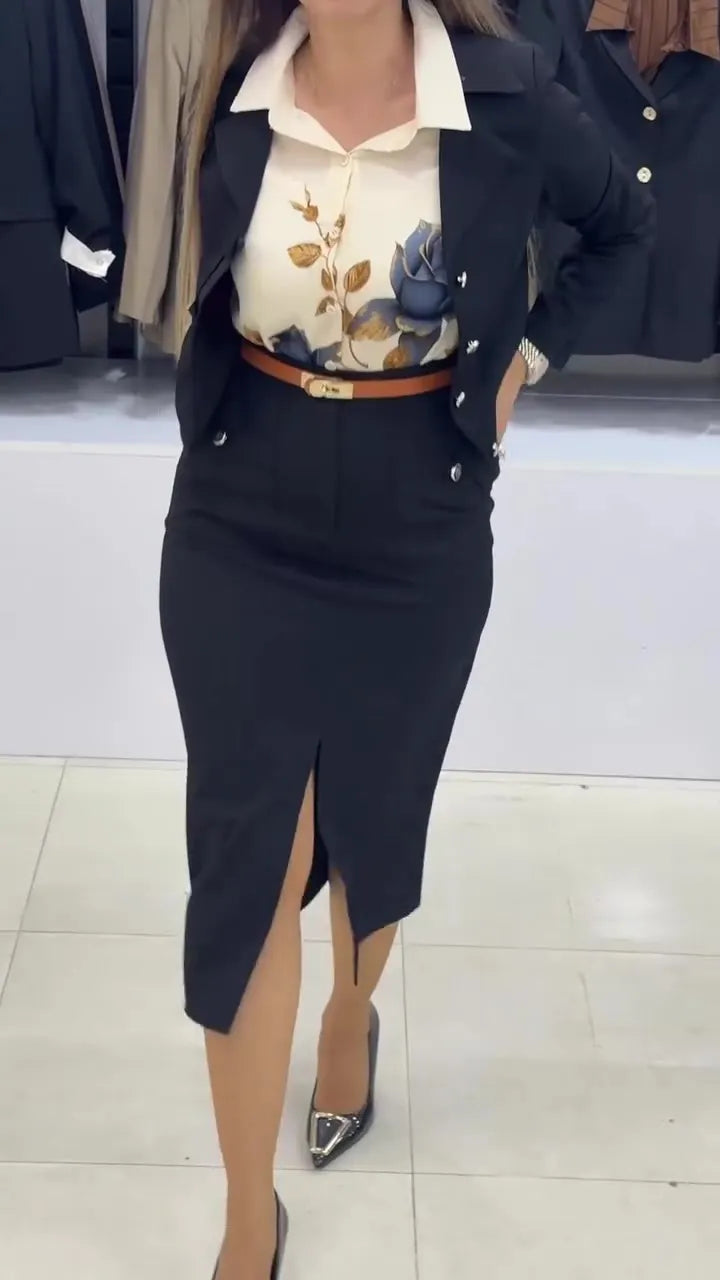 Xylena | Tailored Button Blazer Skirt Set
