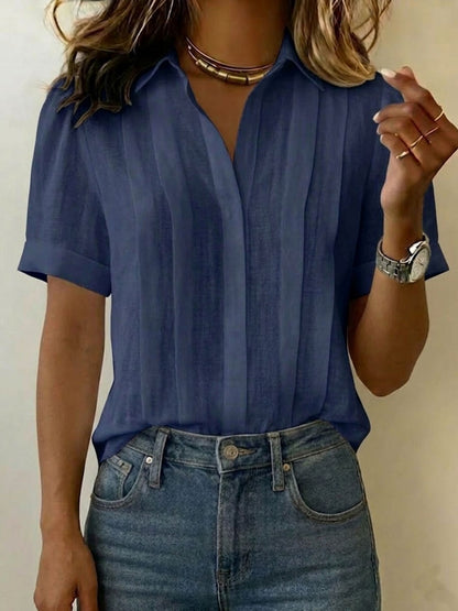 Tuvaine | Linen Pleated Front Collar Short Sleeve Casual Shirt
