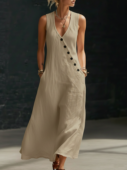 Zyvara | Linen V-Neck Diagonal Button Sleeveless Pocket Maxi Dress