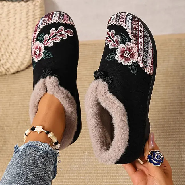 Petaline | Floral Embroidered Fleece Lined House Shoes