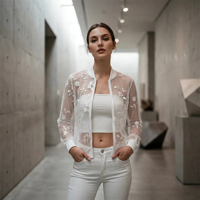 Quillora | Sheer Floral Zip Cardigan