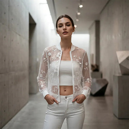 Quillora | Sheer Floral Zip Cardigan