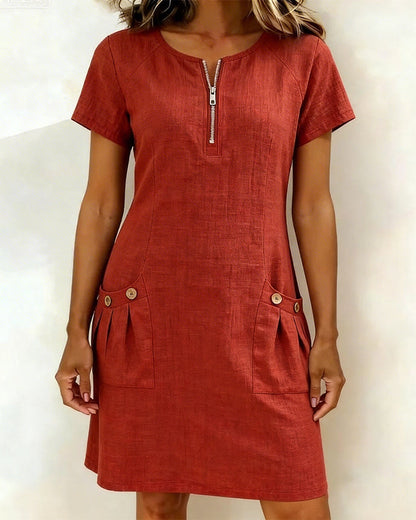 Wren | Linen Half-Zip Short Sleeve Pocket Mini Dress