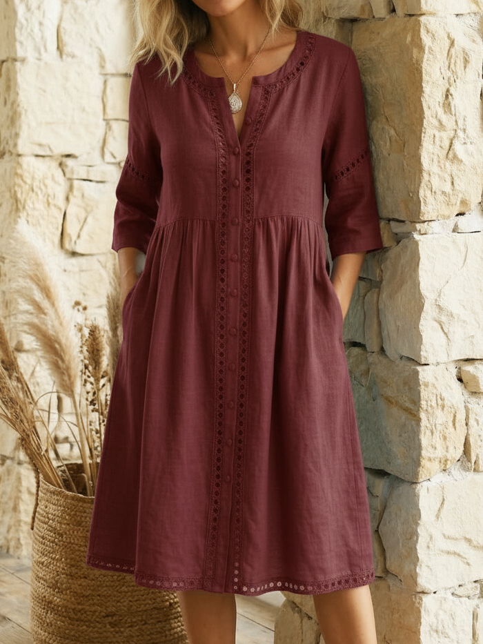 Kavryn | Linen Lace Trim Button Front Three-Quarter Sleeve Midi Dress