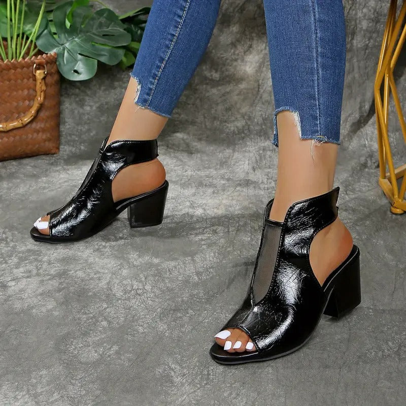 Elyra | Mesh Panel Block Heel Sandals