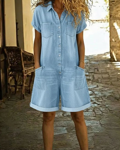 Nymerisse | Short Sleeve Denim Utility Romper