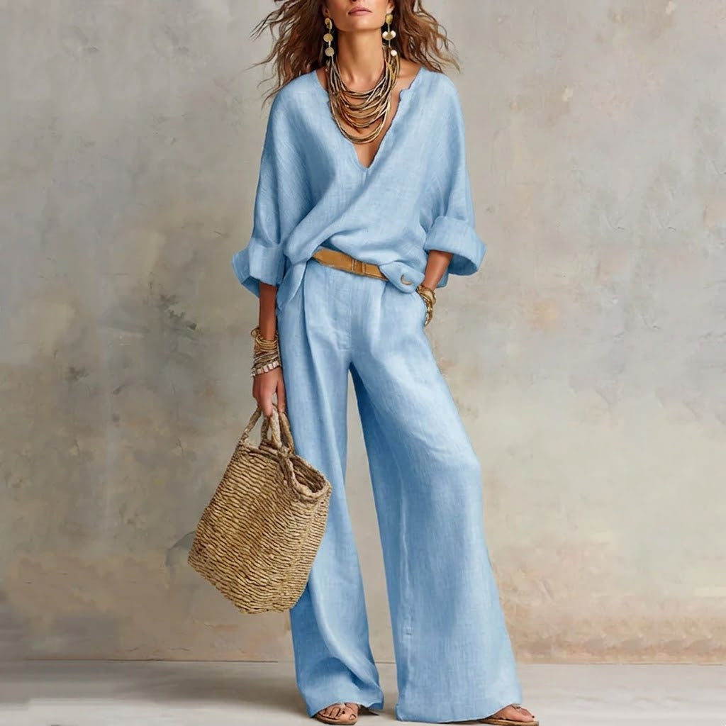 Veltrielle | Casual V Neck Top and Wide Leg Trousers