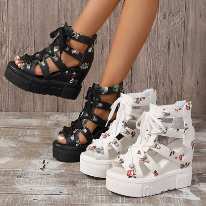 Xylara | Floral Lace Up Platform Sandals