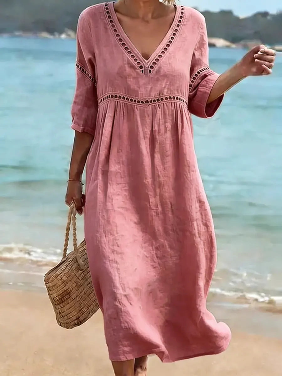 Tuvaine | Linen Eyelet Trim V-Neck Empire Waist Relaxed Midi Dress