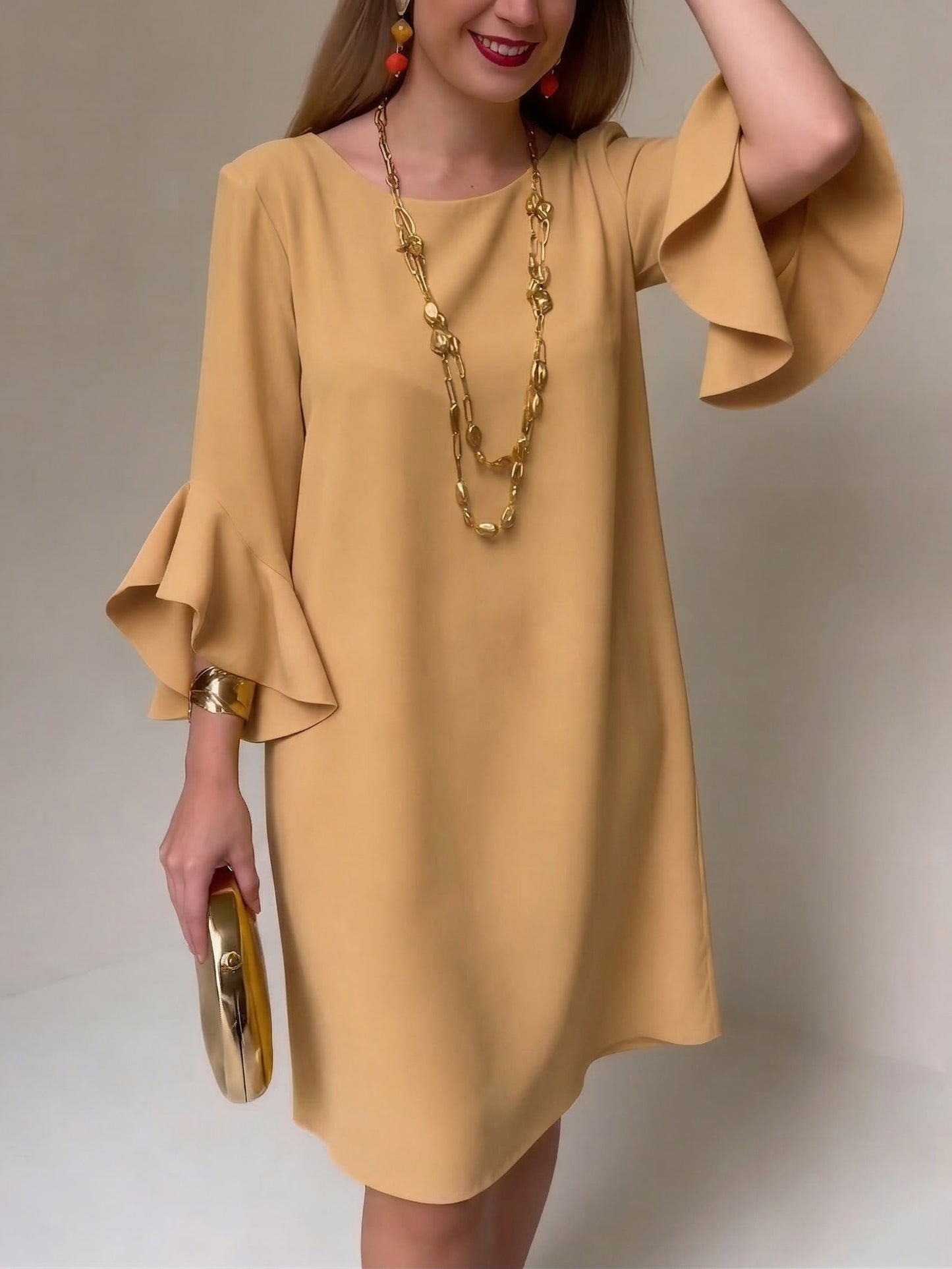 Sevryn | Mustard Ruffle Bell Sleeve Round Neck Shift Mini Dress