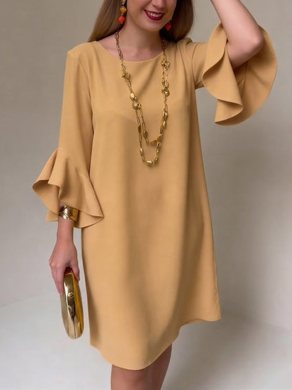 Sevryn | Mustard Ruffle Bell Sleeve Round Neck Shift Mini Dress
