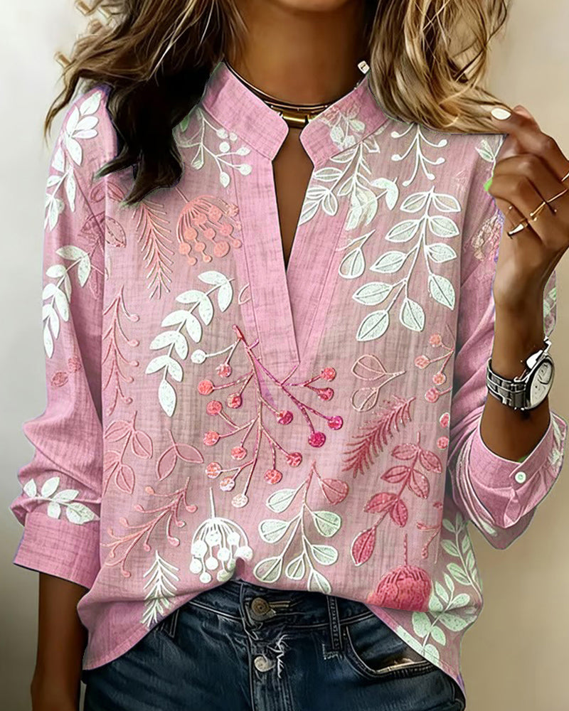 Flora | Botanical Print V-Neck Long Sleeve Blouse