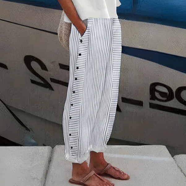 Lyndrel | Nautical Stripe Button Side Casual Wide Leg Trousers