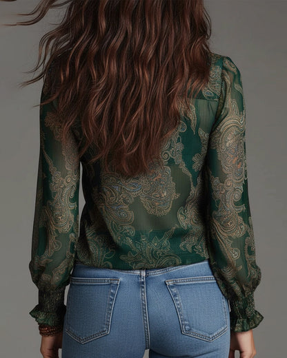 Delvara | Paisley Print Sheer Ruffle Zip Front Boho Blouse
