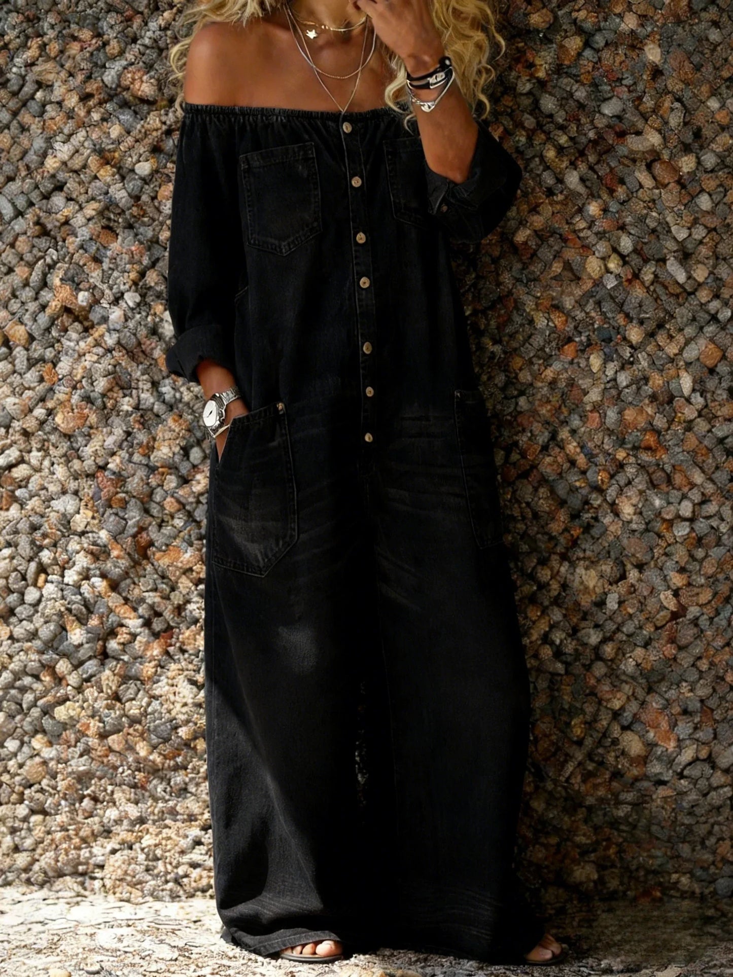 Stevie | Relaxed Off-Shoulder Button-Through Denim Jumpsuit