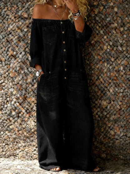 Stevie | Relaxed Off-Shoulder Button-Through Denim Jumpsuit