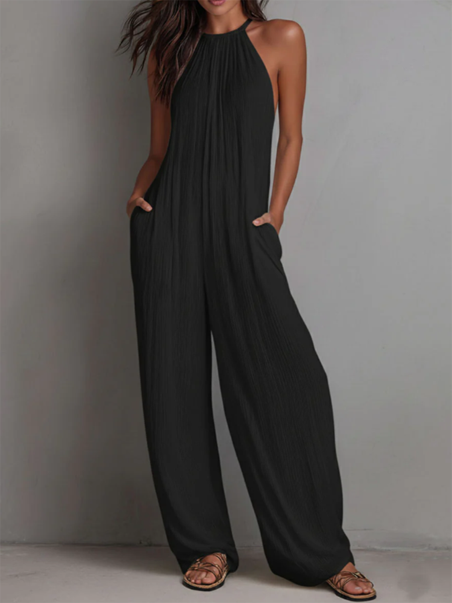 Fyndel | Flowing Crinkle Halter Neck Palazzo Leg Casual Jumpsuit