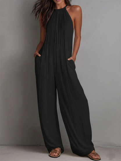 Fyndel | Flowing Crinkle Halter Neck Palazzo Leg Casual Jumpsuit