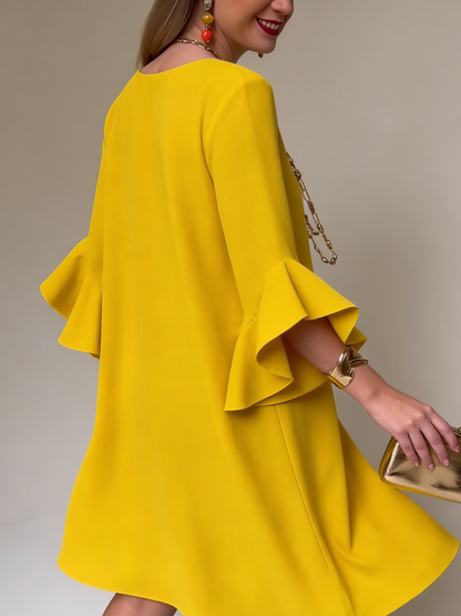 Sevryn | Mustard Ruffle Bell Sleeve Round Neck Shift Mini Dress