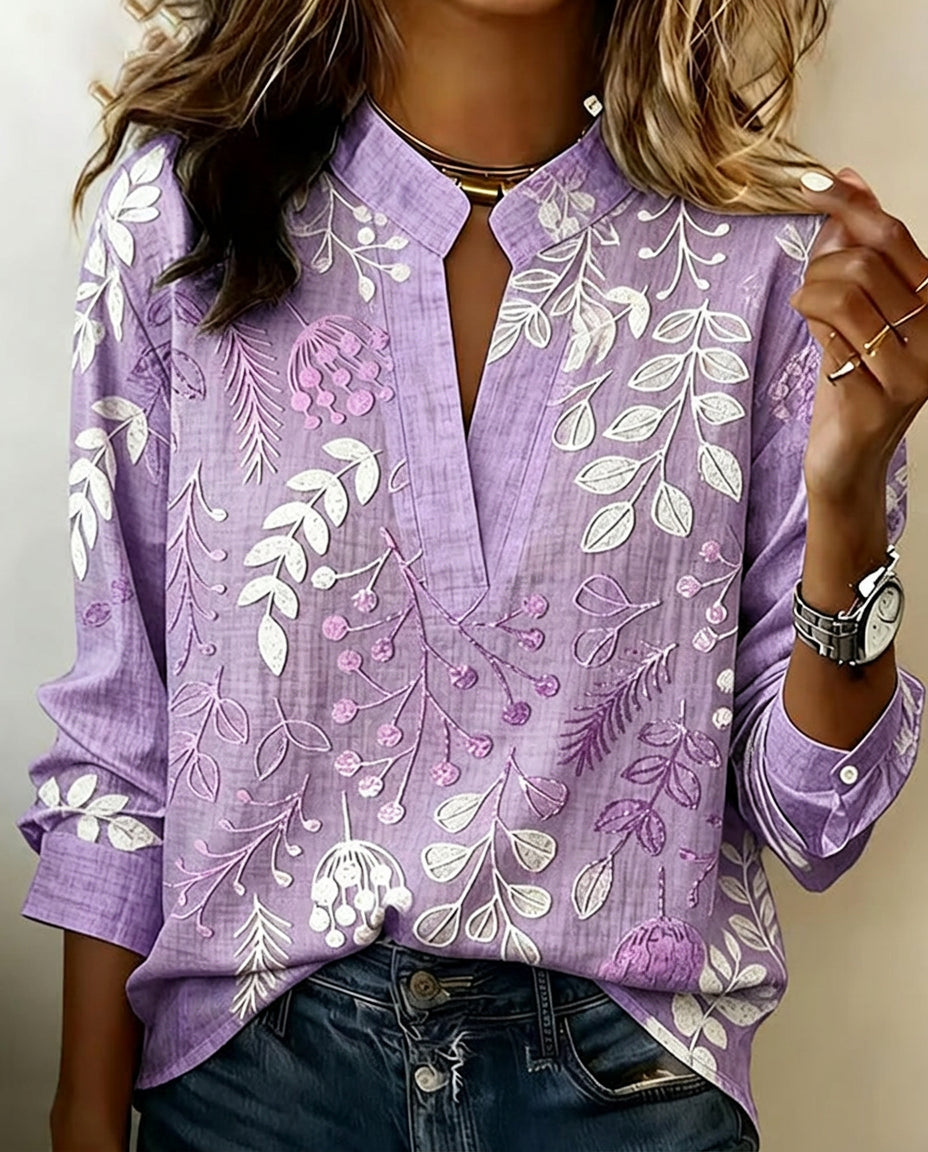 Flora | Botanical Print V-Neck Long Sleeve Blouse