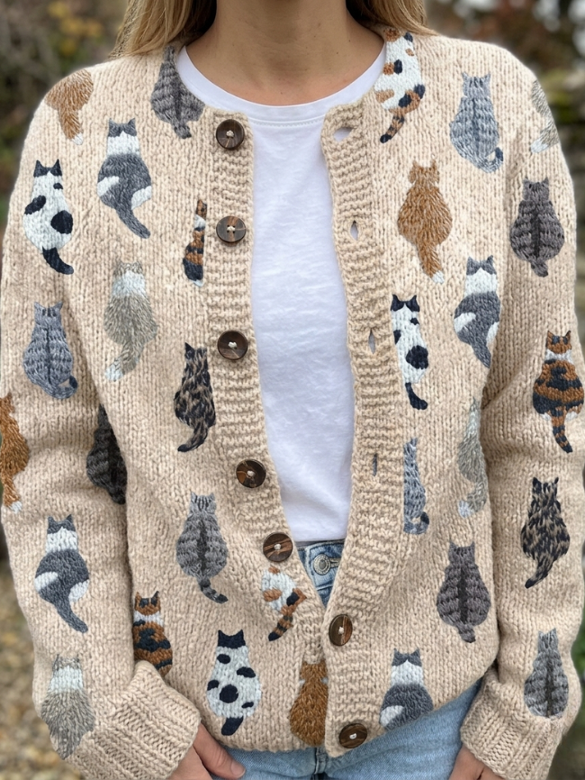 Quinverra | Cat Print Button Front Cardigan