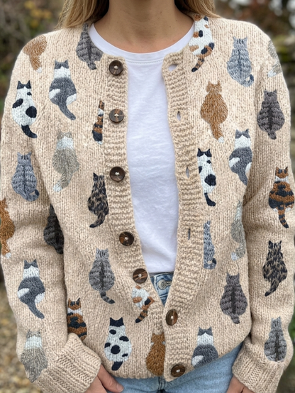 Quinverra | Cat Print Button Front Cardigan