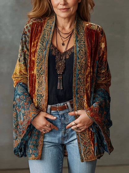 Zephvianne | Bohemian Velvet Patchwork Cardigan
