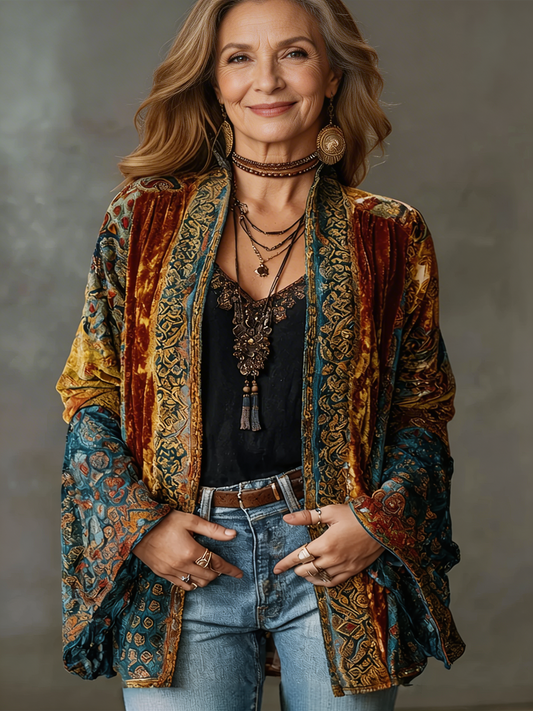 Zephvianne | Bohemian Velvet Patchwork Cardigan