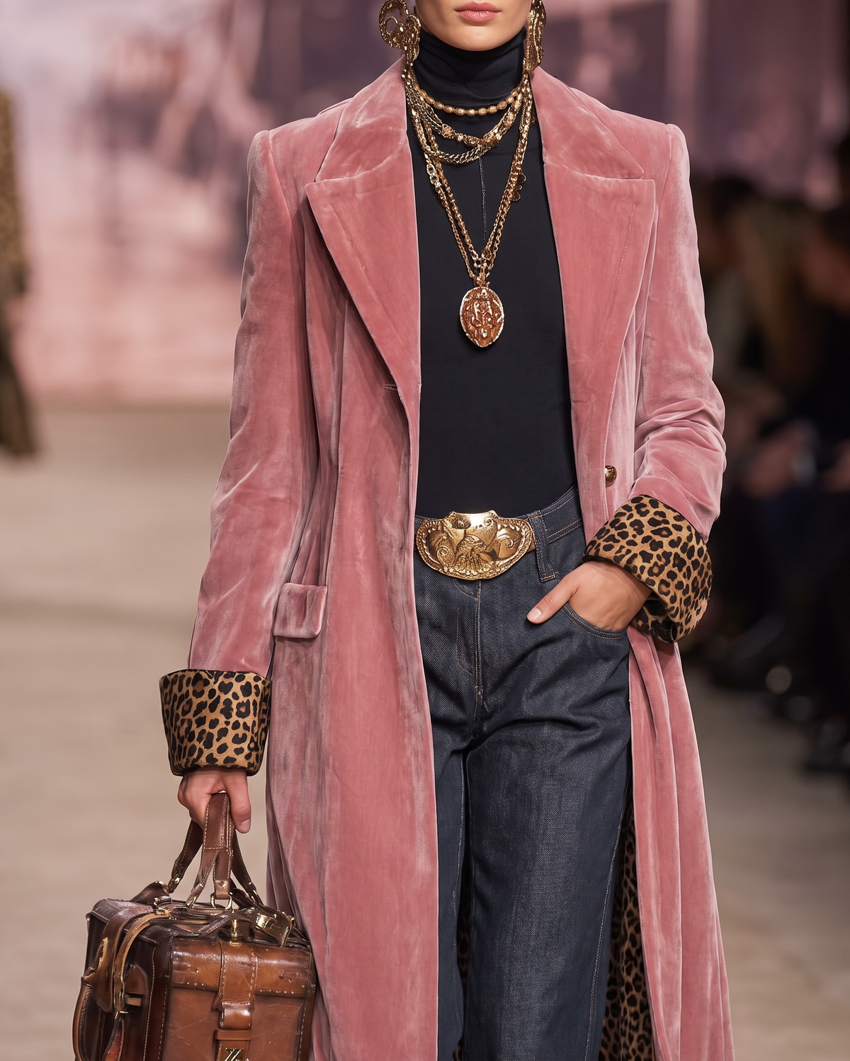 Marzena | Statement Leopard Cuff Velvet Long Coat