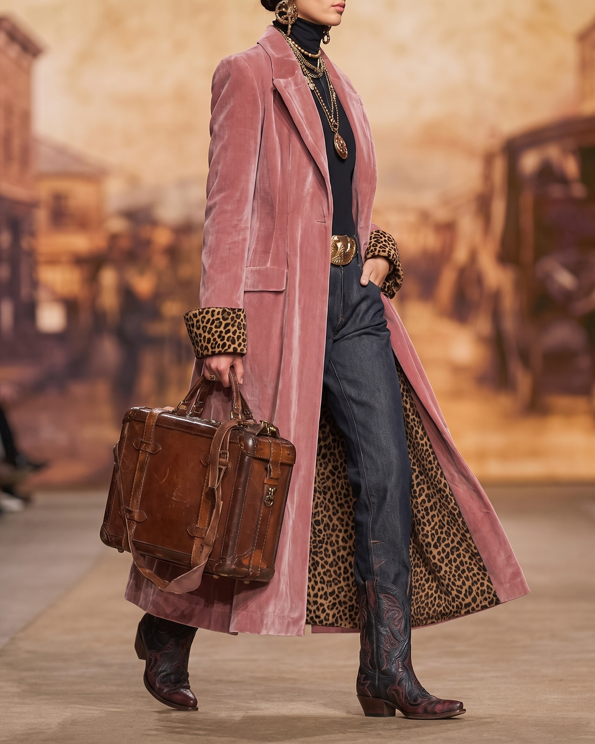 Marzena | Statement Leopard Cuff Velvet Long Coat