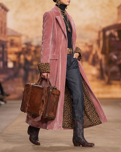 Marzena | Statement Leopard Cuff Velvet Long Coat
