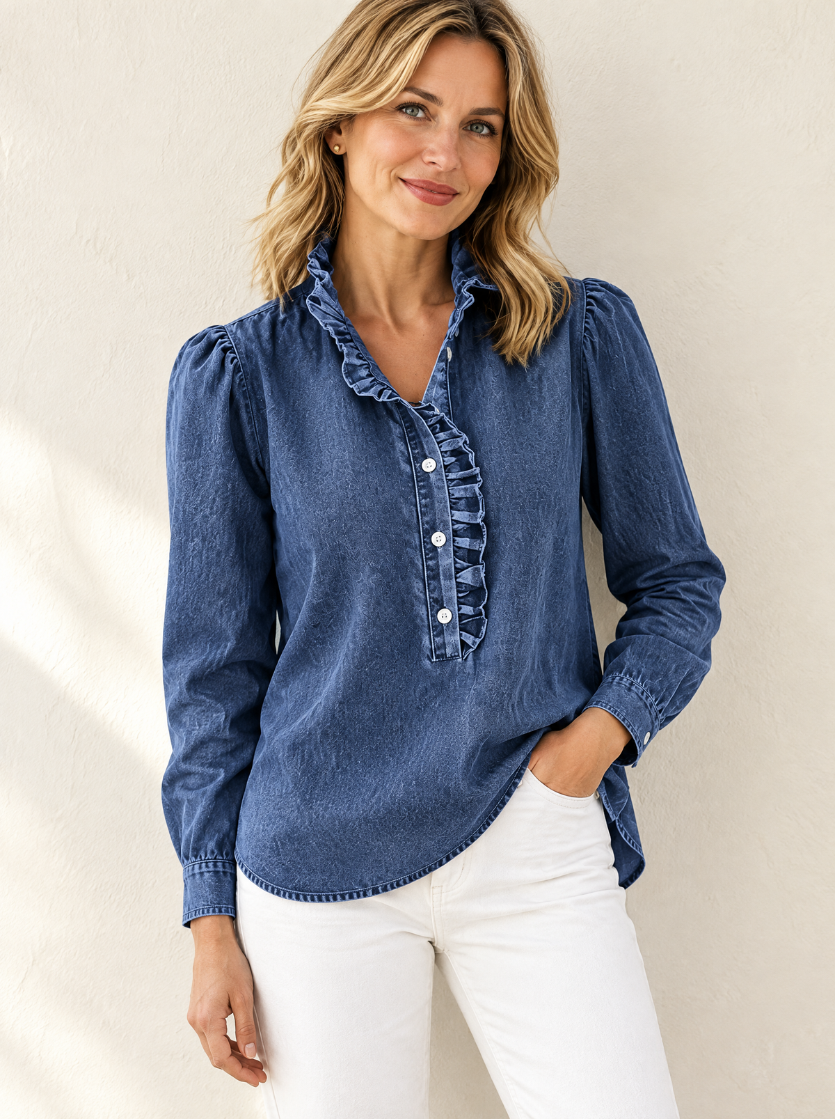 Briselle | Button Front Ruffle Denim Blouse