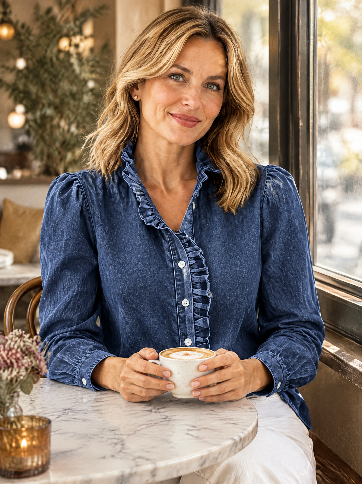 Briselle | Button Front Ruffle Denim Blouse