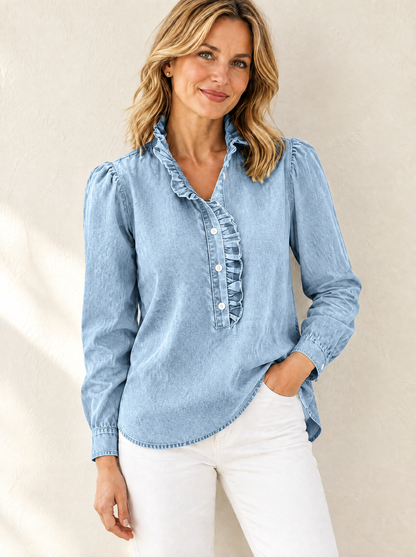 Briselle | Button Front Ruffle Denim Blouse