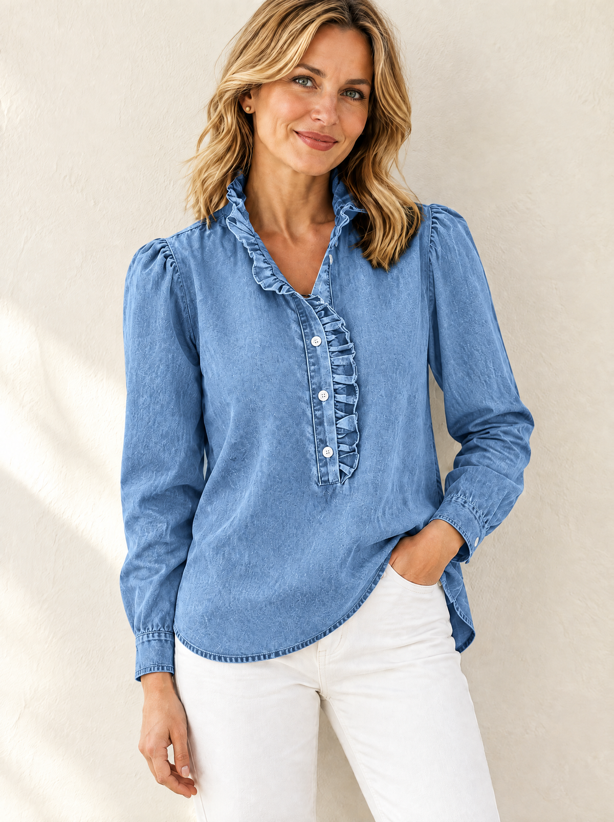 Briselle | Button Front Ruffle Denim Blouse
