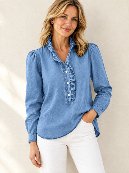 Briselle | Button Front Ruffle Denim Blouse