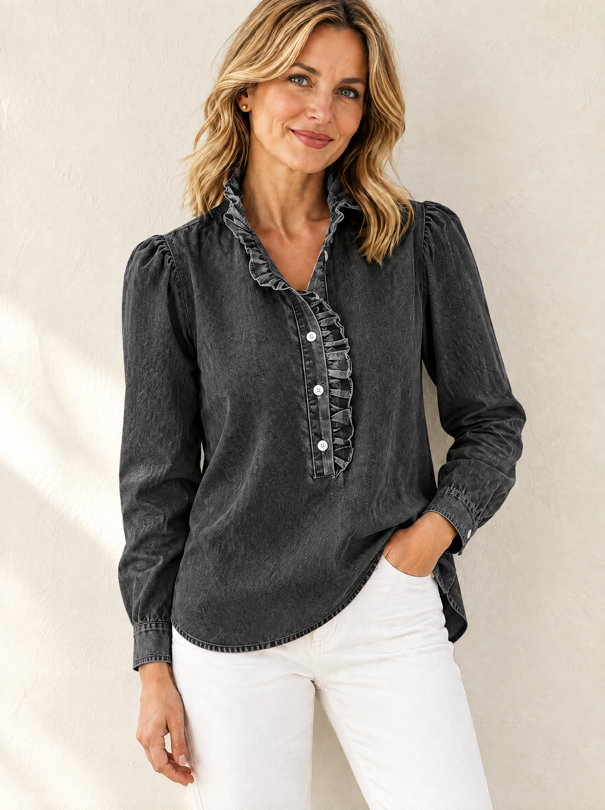 Briselle | Button Front Ruffle Denim Blouse