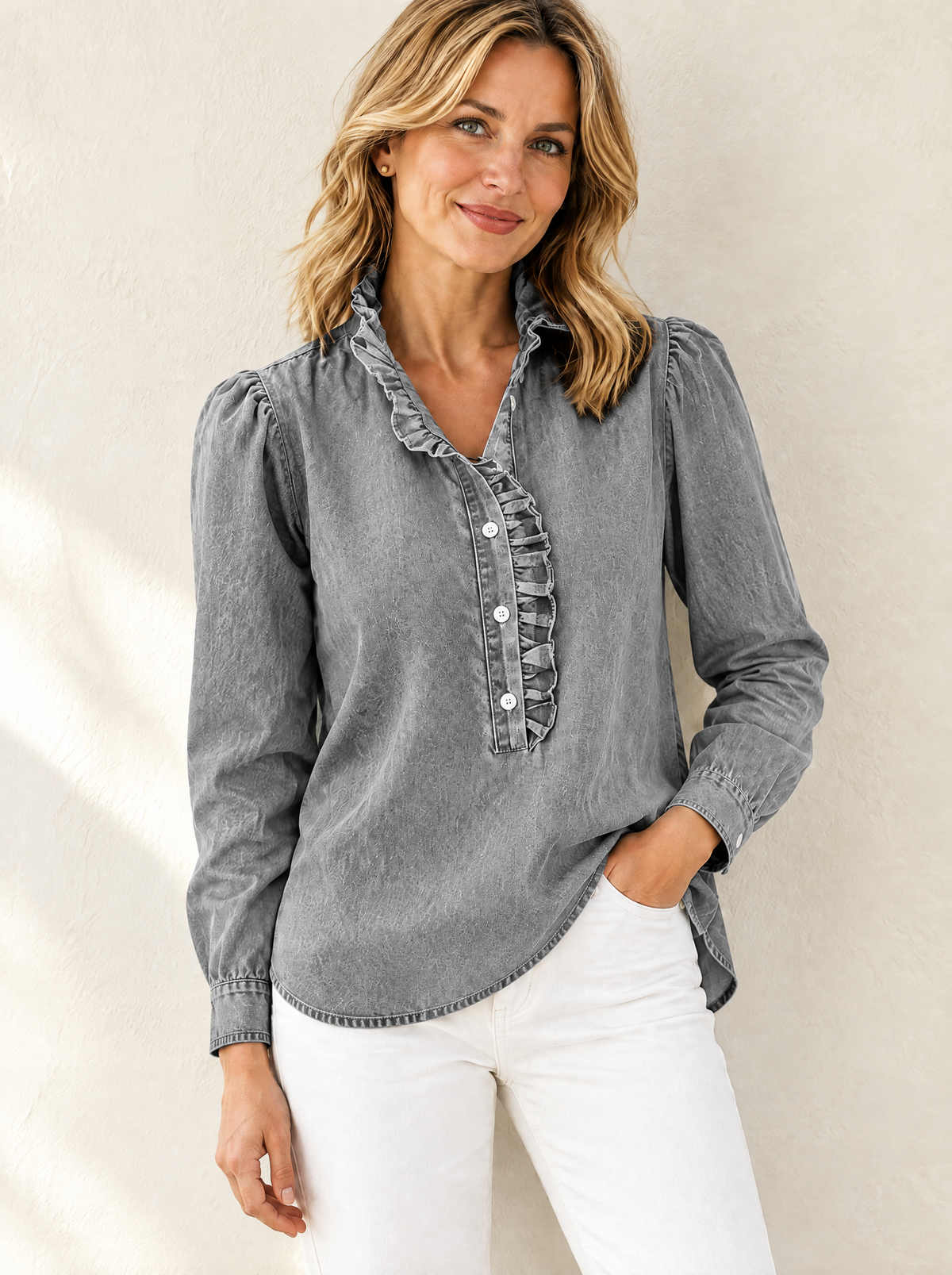 Briselle | Button Front Ruffle Denim Blouse